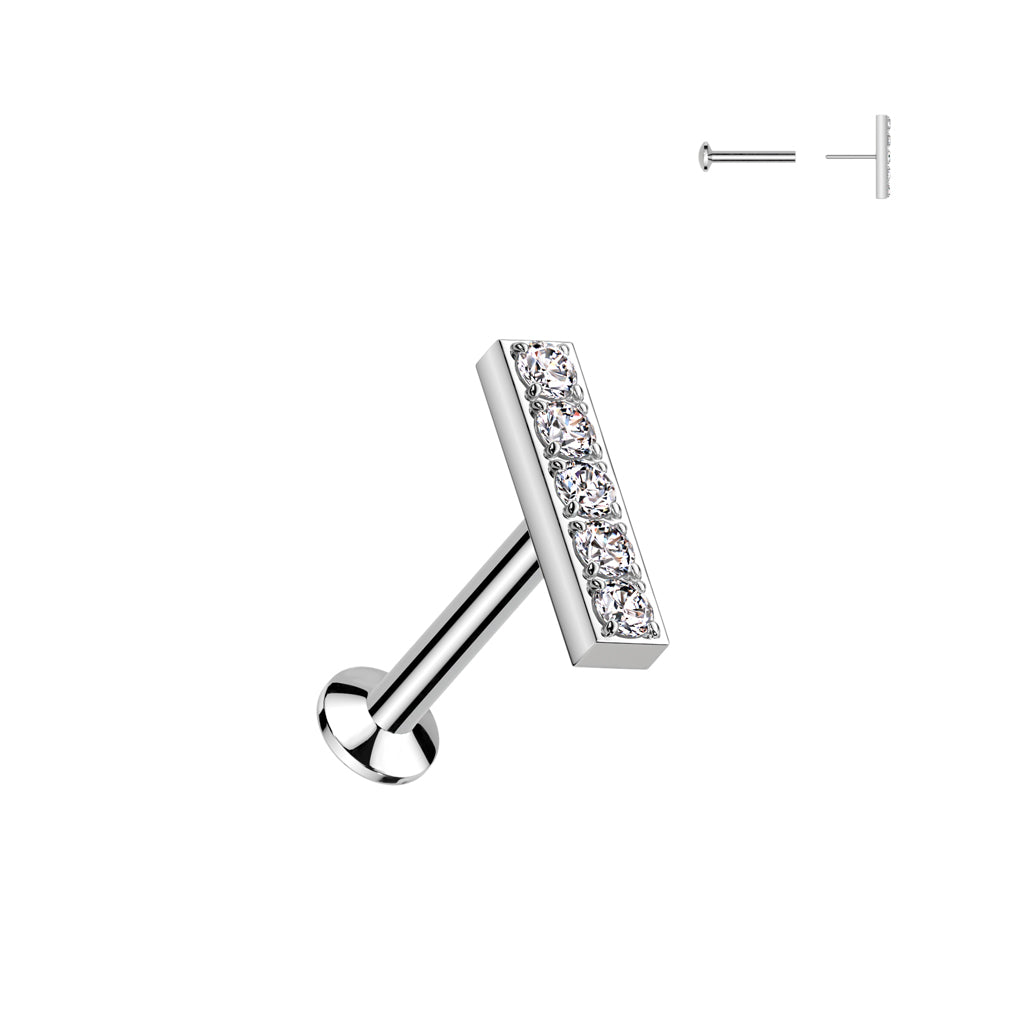 16G Surgical Steel Threadless Labret W/ 5 CZ Bar Top (6mm & 8mm)